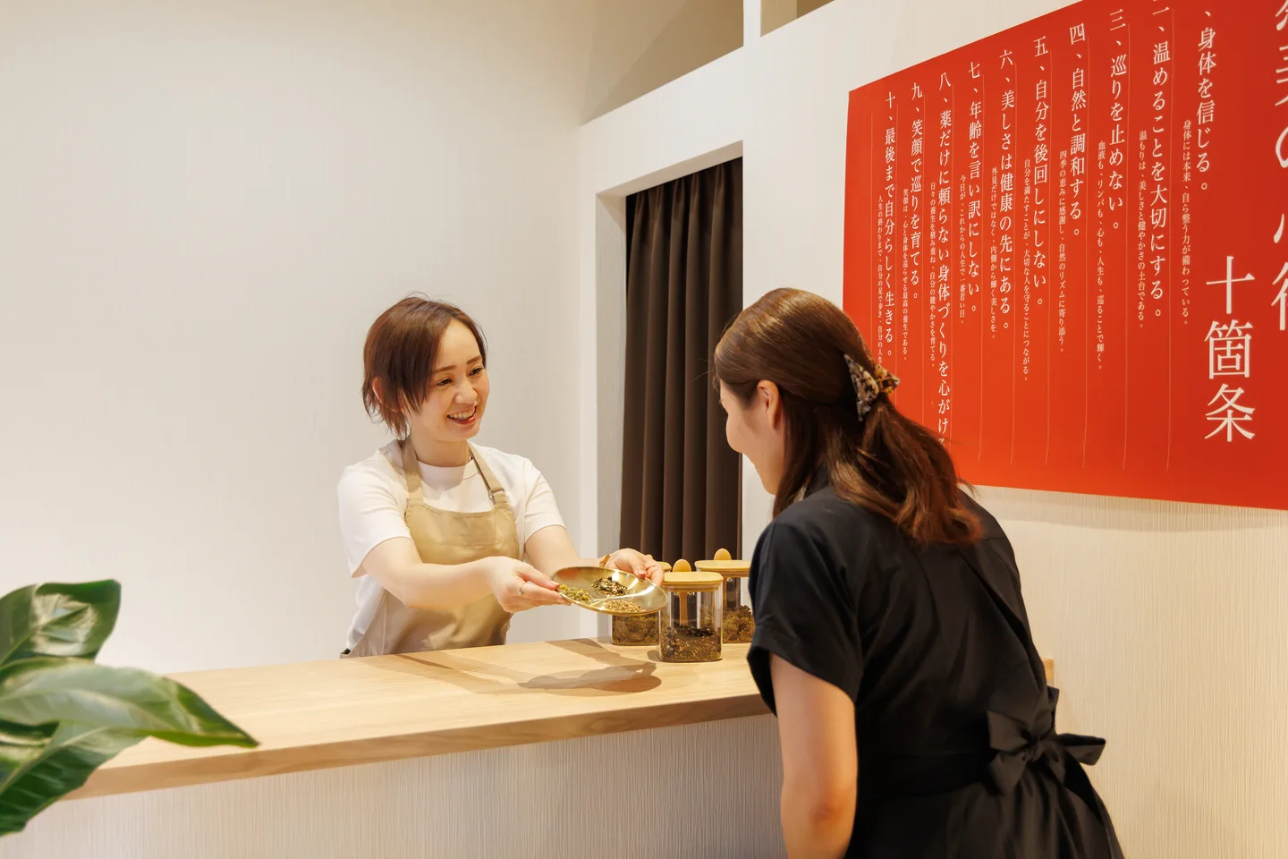 受付でスタッフがハーブを案内する様子